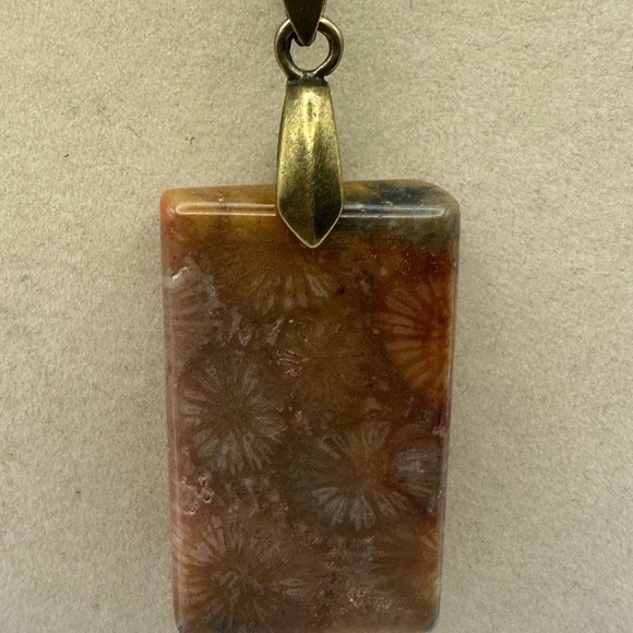 Coral Fossil Rectangle Pendant Necklace - Picture 5 of 9